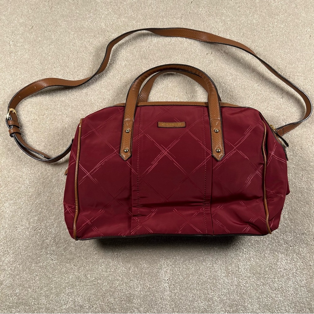 Vera Bradley Bag Preppy Poly Marlo Satchel Burgundy Red‎ Brown Purse Double Zip